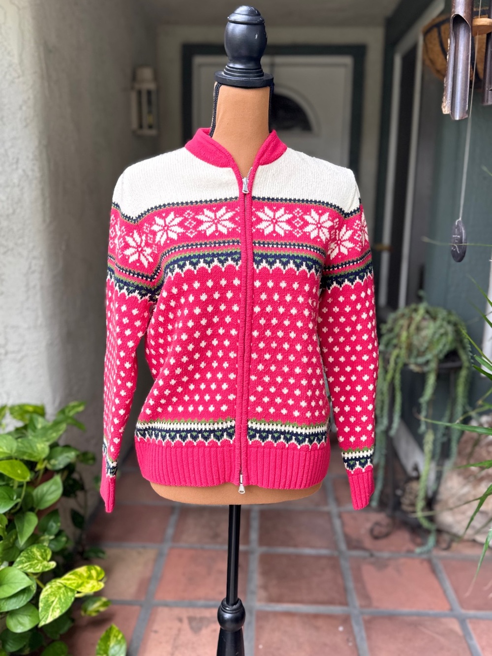 Vtg Lands' End Pink and White Fair Isle Zip Cardigan